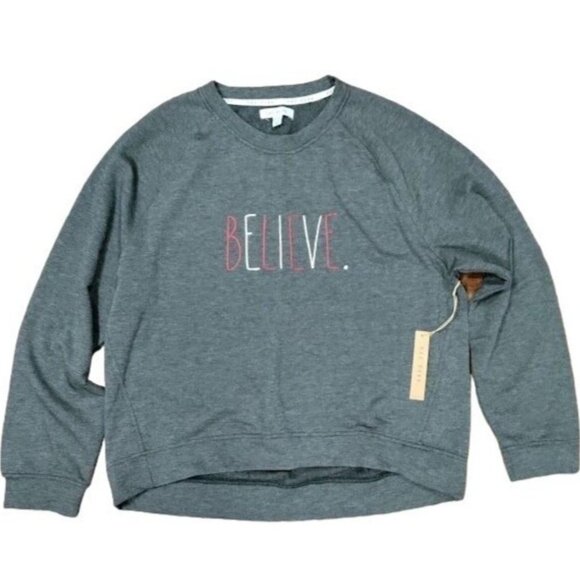 Rae Dunn Tops - NWT Rae Dunn BELIEVE Drop Shoulder Graphic Sweatshirt Charcoal Heather Womens XL
